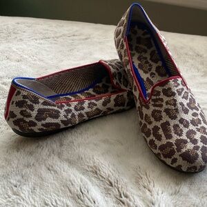 Rothy's Mocha Spot Pattern Flats with Red and Blue Accents